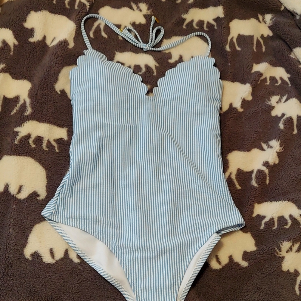 SOLD*NEW*Jessica Simpson 1pc swimsuit striped w scalloped bust